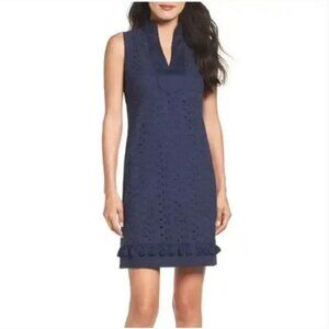 Eliza J Eyelet Lace Tassel Hem Sheath Sleeveless Navy Mandarin Collar Dress Sz 4